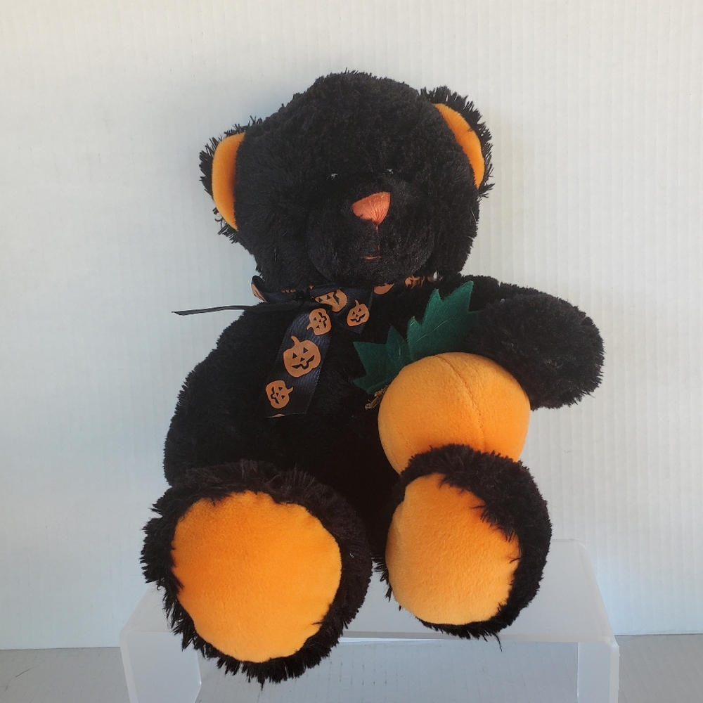 Snuggie Toy Black Orange Soft Plush Halloween Pumpkin Bear Sitting 9"
